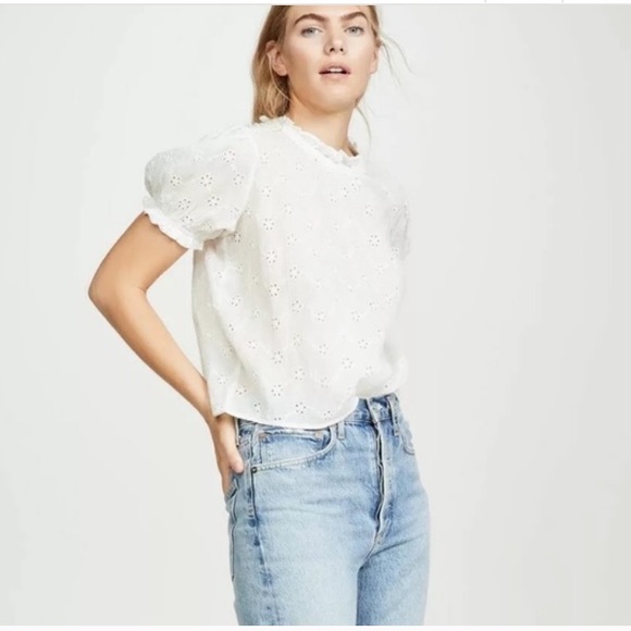 Free People White Eyelet Puff Sleeve Blouse Top - Picture 4 of 13